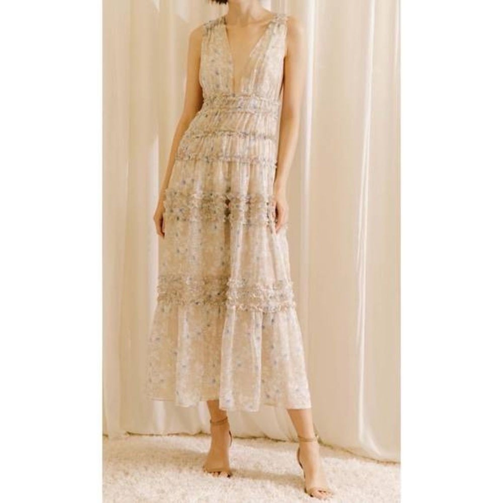 Floral Sleeveless Maxi Dress - Beige and Blue